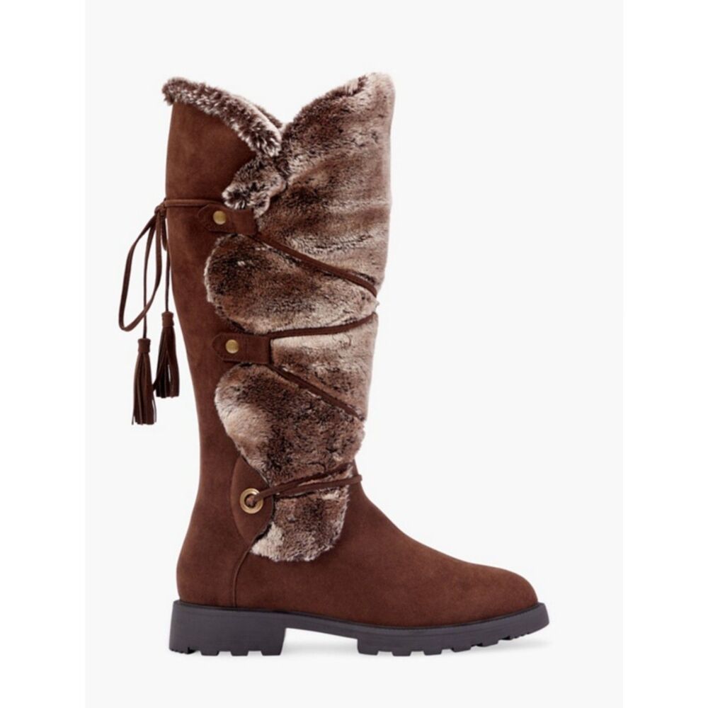 Just Fab Chicory Coffee Winter Flat Boots, Demi Faux Fur, Size 9 NEW